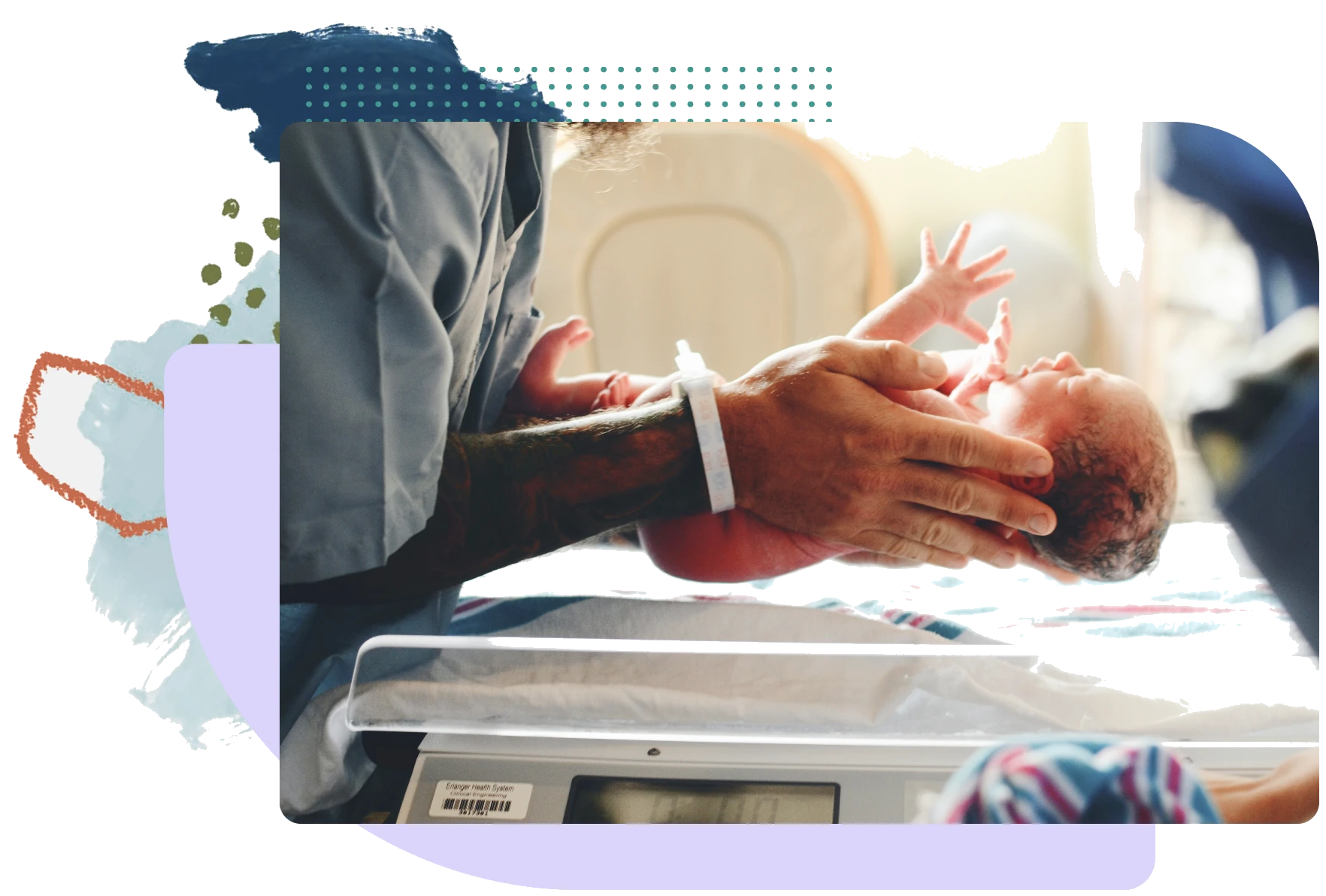 An infant in intensive care, held by a parent